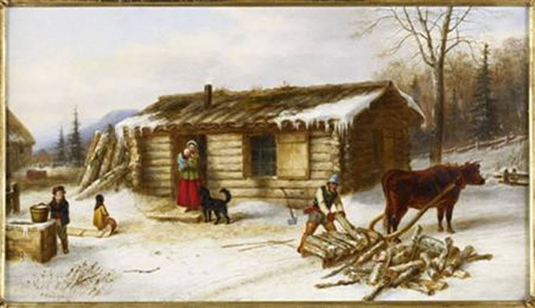 Cornelius Krieghoff Chopping Logs Outside a Snow Covered Log Cabin